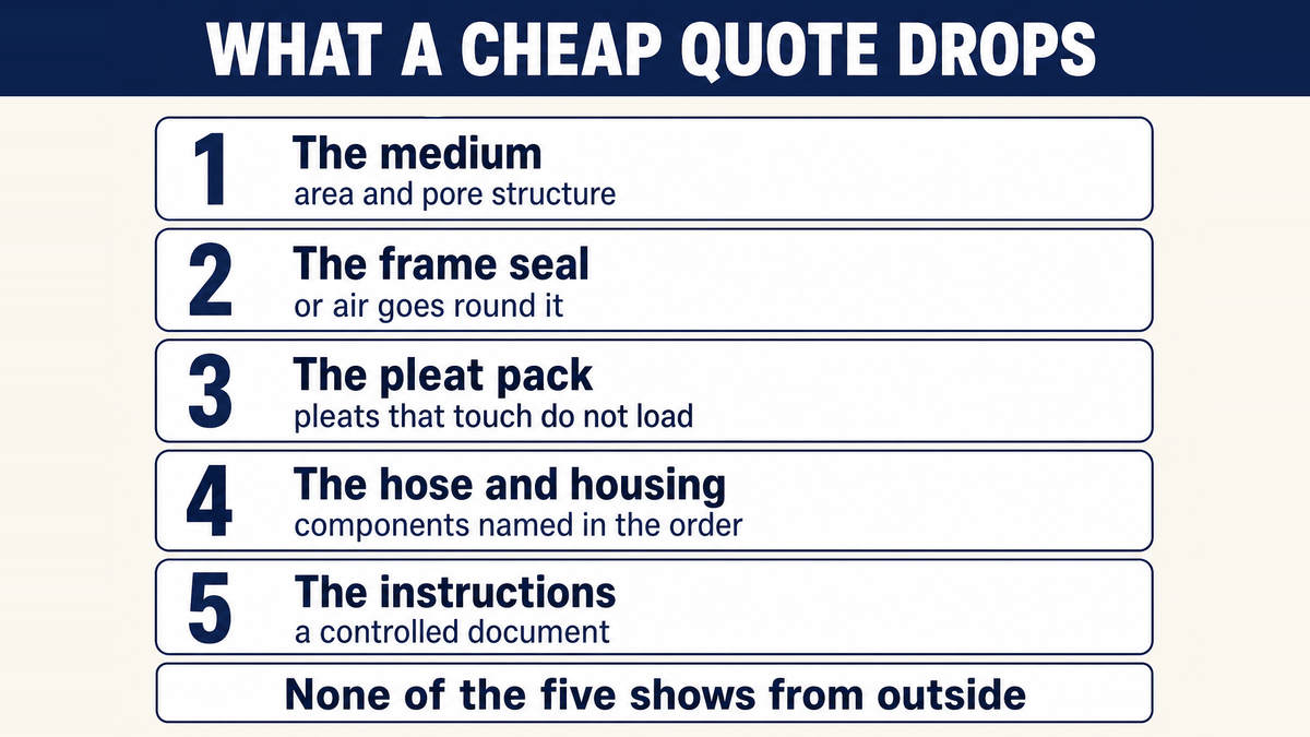 The five places a low air filter quote comes from: the medium, the frame seal, the pleat pack, the hose and housing in a kit, and the instructions and evidence file