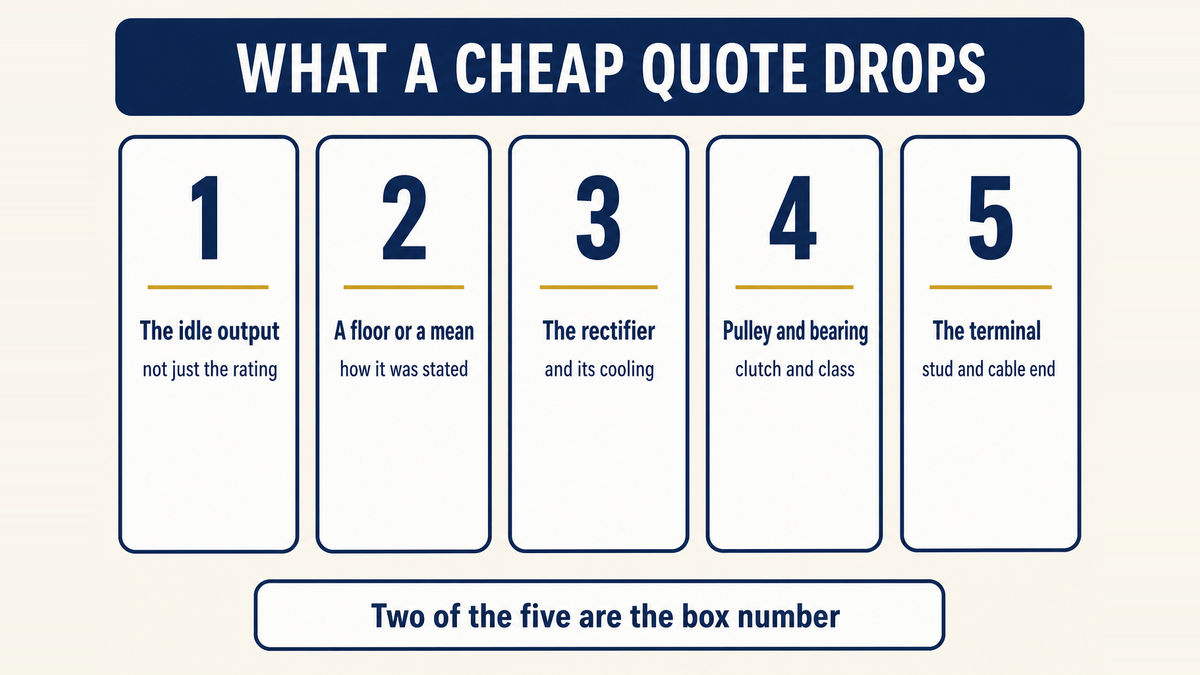 The five things a low alternator quotation leaves out: the output at idle speed when warmed up, whether the stated rating is a statistical floor, the rectifier and how it is cooled, the pulley and bearing specification, and the output terminal stud and the cable behind it