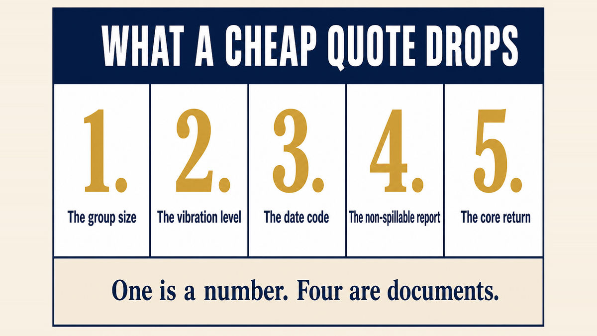 A five column infographic titled What a Cheap Quote Drops showing the group size, the vibration level, the production date code, the non-spillable test report and the core return terms
