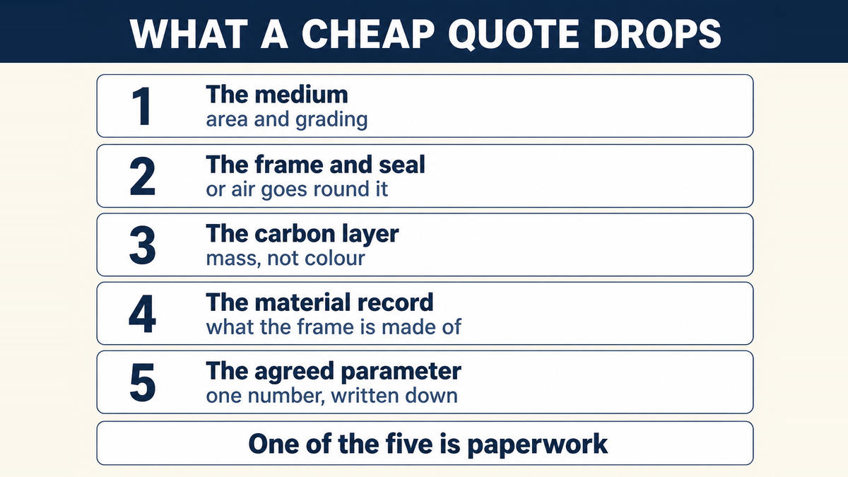 The five places a low cabin filter quote comes from: the medium, the frame and its seal, the carbon layer, the material record, and the agreed quality parameter