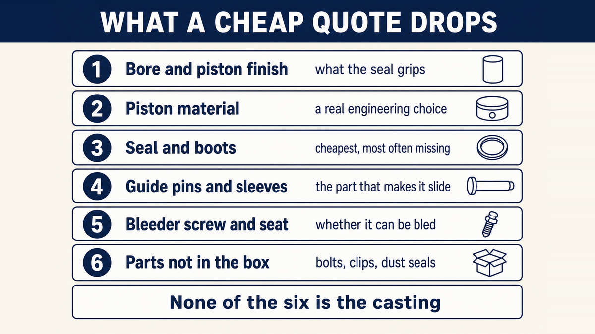 The six places a low brake caliper quote comes from: bore and piston finish, piston material, seal and boots, guide pins and sleeves, the bleeder screw, and the small parts left out of the box