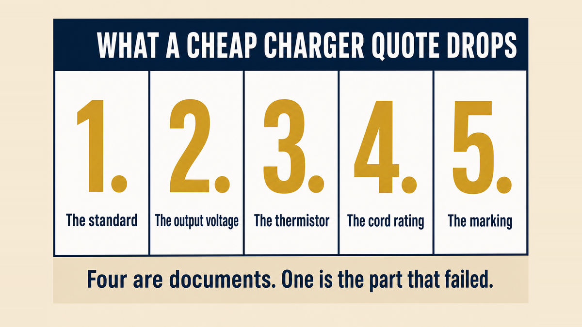 A five column infographic titled What a Cheap Charger Quote Drops showing the standard, the output voltage, the thermistor, the cord rating and the marking