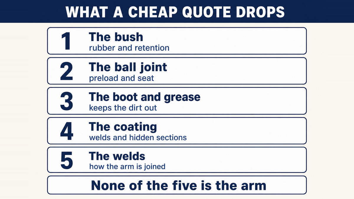 The five places a low control arm quote comes from: the bush, the ball joint, the boot and grease, the coating, and the welds