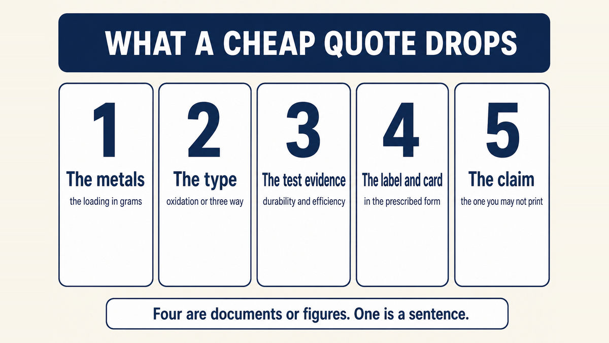 The five things a low catalytic converter quotation leaves out: the precious metal loading in grams, whether the unit is an oxidation or a three-way converter, the durability and efficiency test evidence, the prescribed label and warranty card, and any claim of official approval