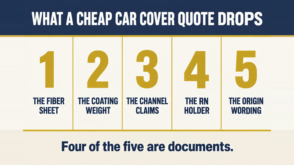 A five column infographic titled What a Cheap Car Cover Quote Drops showing the fiber composition, the coating weight, the fiber claims in the channel, the identification holder and the origin wording