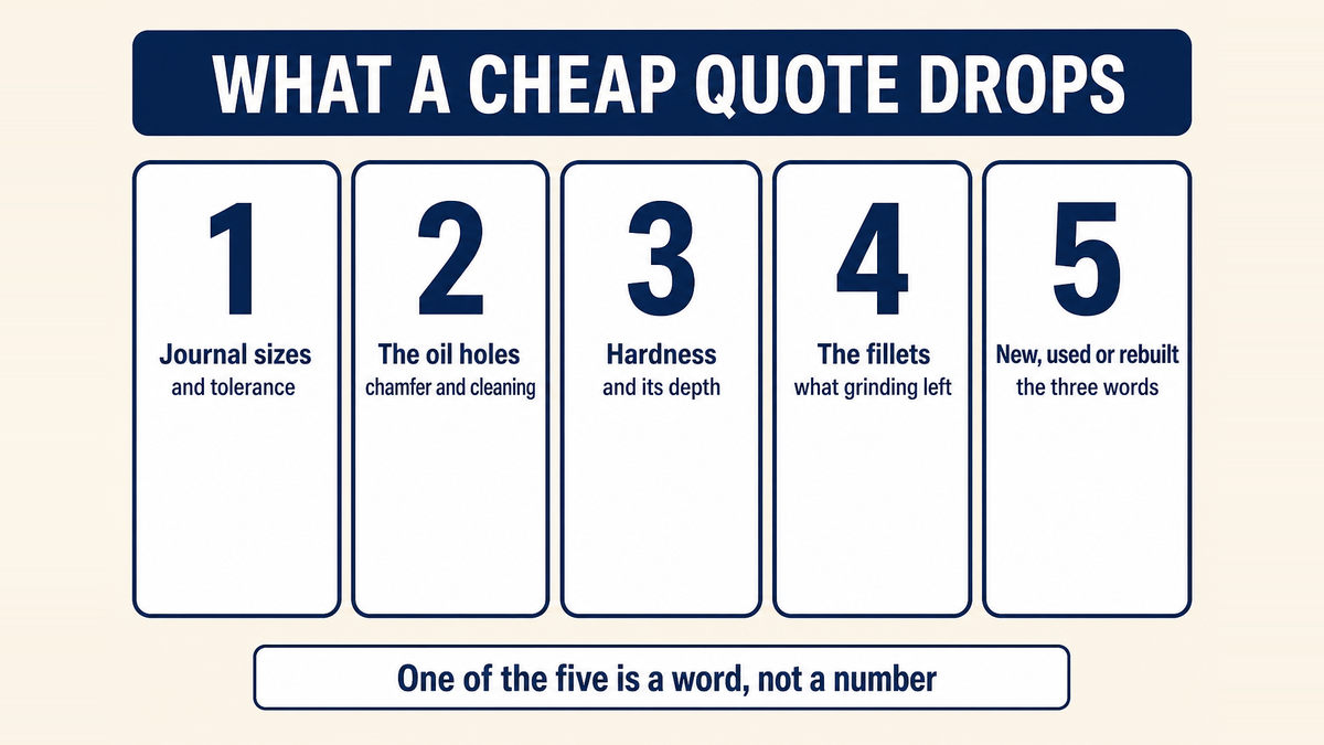 The five places a low crankshaft quote comes from: journal sizes and tolerance, the oil holes and their chamfer, hardness and its depth, the fillets and what grinding left, and whether the part is new, used or rebuilt