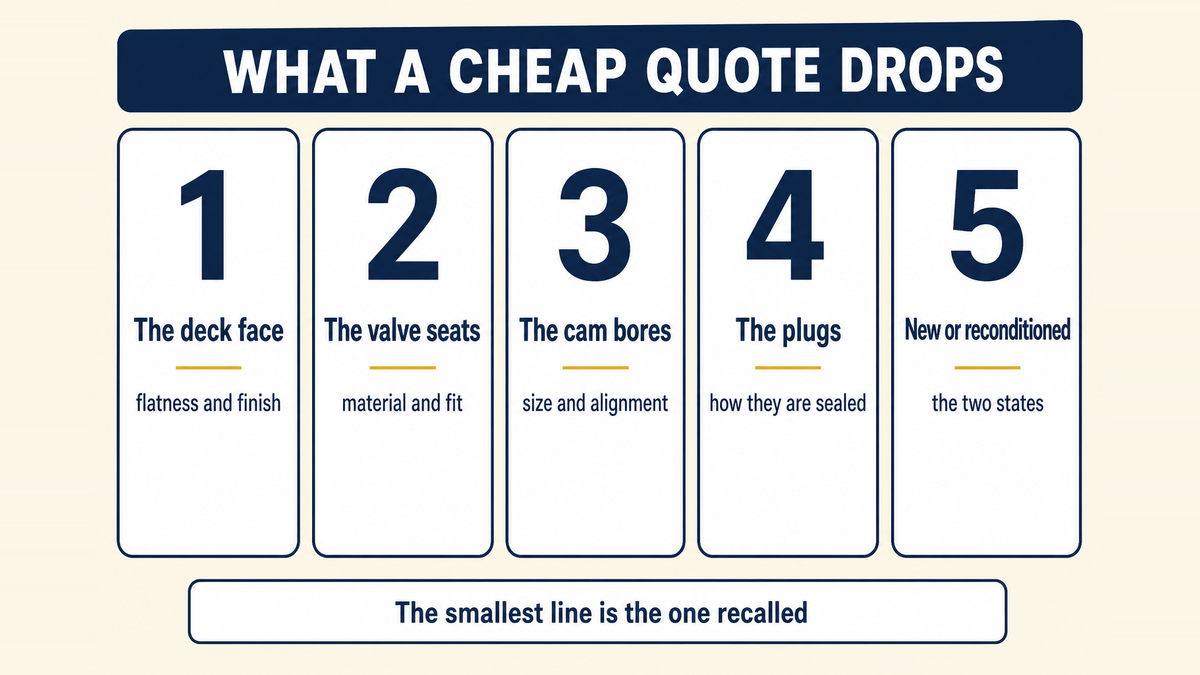 The five places a low cylinder head quote comes from: the deck face and its flatness, the valve seats and how they are fitted, the cam bores and their alignment, the plugs and how they are sealed, and whether the part is new or reconditioned