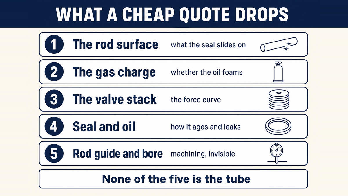The five places a low shock absorber quote comes from: the rod surface, the gas charge, the valve stack and force curve, the seal and the oil, and the rod guide and tube bore
