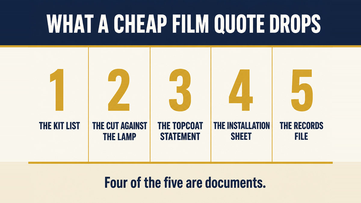 A five column infographic titled What a Cheap Film Quote Drops showing the kit list, the cut file against the lamp, the mill statement on the topcoat, the installation sheet and the records file