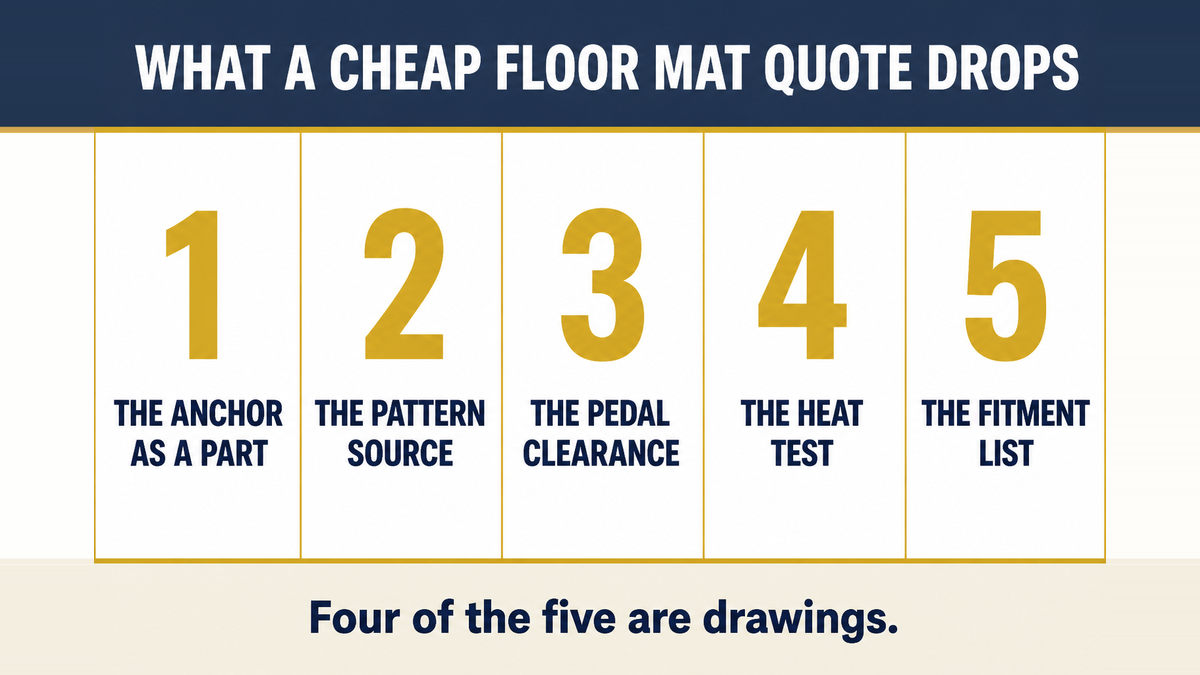 A five column infographic titled What a Cheap Floor Mat Quote Drops showing the anchor as a part, the pattern source, the pedal clearance, the heat test and the fitment list