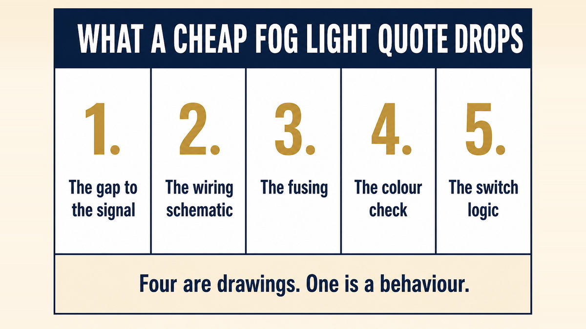 A five column infographic titled What a Cheap Fog Light Quote Drops showing the gap to the signal, the wiring schematic, the fusing, the colour measurement and the switch logic