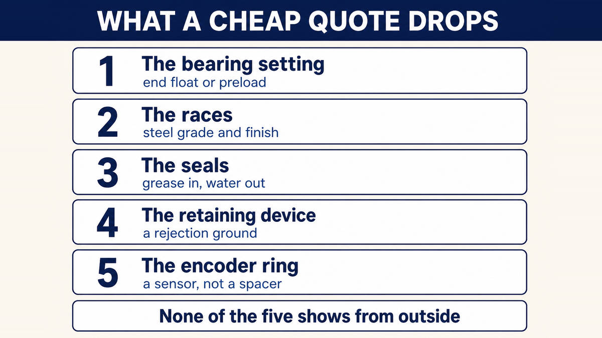 The five places a low wheel hub quote comes from: the bearing setting, the races and rolling elements, the seals, the retaining device, and the encoder ring where one is needed