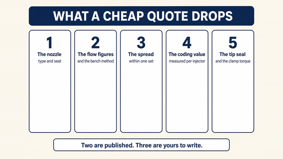 The five things a low fuel injector quotation leaves out: the nozzle type and seat geometry, the static and dynamic flow figures and how they were measured, the allowed spread between injectors in one set, the coding value supplied with each injector, and the tip seal and clamp specification