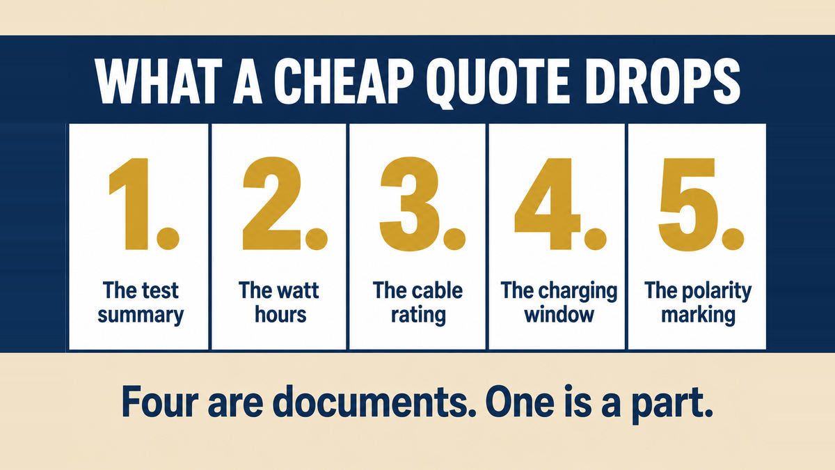 A five column infographic titled What a Cheap Quote Drops showing the test summary, the watt hours, the cable rating, the charging window and the polarity marking