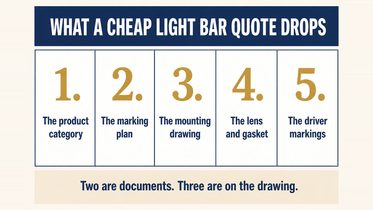 A five column infographic titled What a Cheap Light Bar Quote Drops showing the product category, the marking plan, the mounting drawing, the lens and gasket, and the driver markings