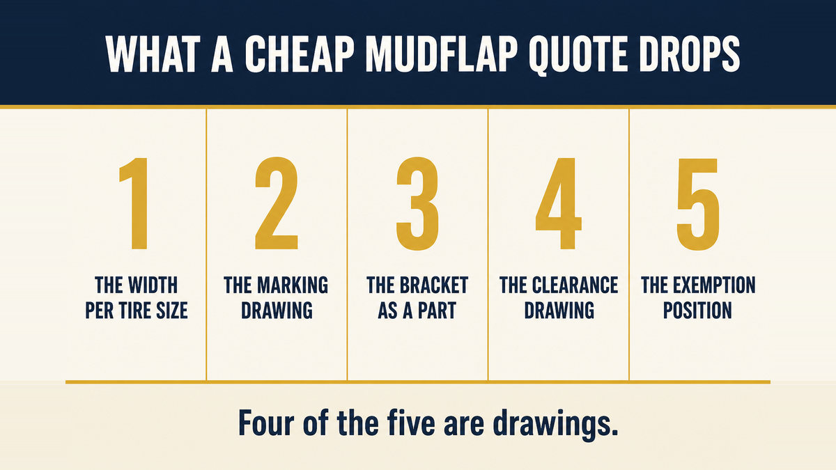 A five column infographic titled What a Cheap Mud Flap Quote Drops showing the width per tire size, the marking visibility drawing, the bracket as a specified part, the clearance drawing and the exemption position