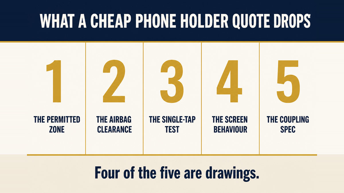 A five column infographic titled What a Cheap Phone Holder Quote Drops showing the permitted zone for the market, the airbag clearance, the single tap test, the screen behaviour and the coupling specification