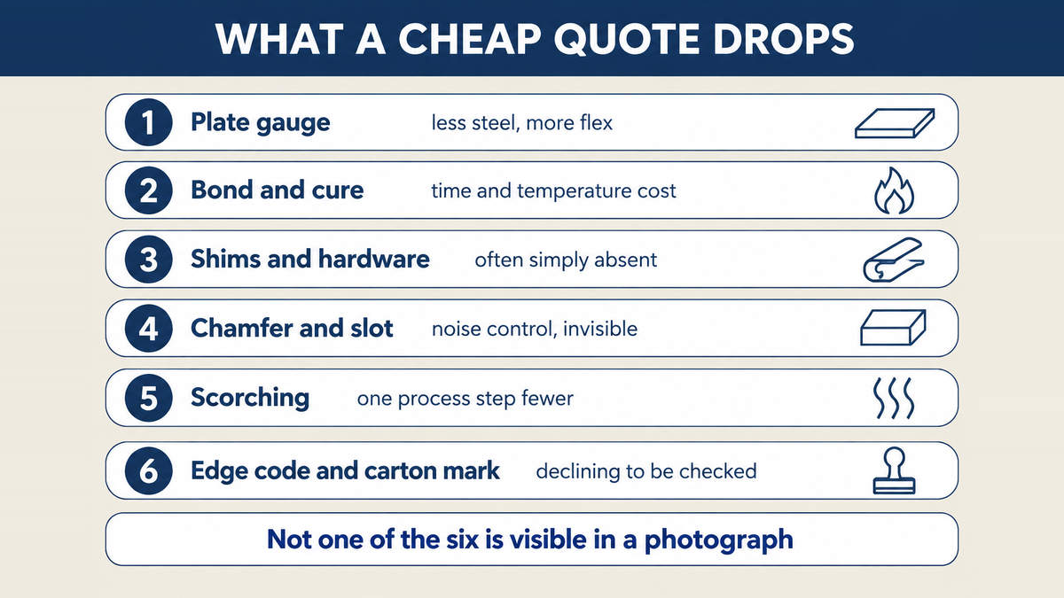 The six elements a low brake pad quote commonly omits: backing plate gauge, bond and cure, shims and hardware, chamfer and slot, scorching, and the edge code and packaging mark