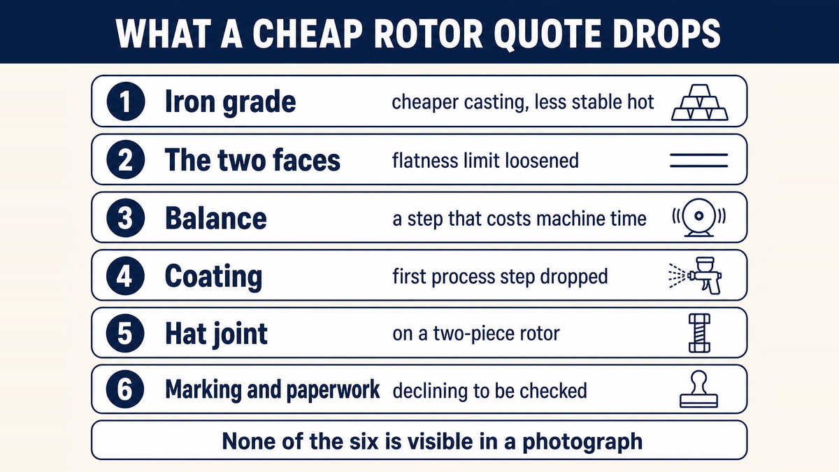 The six places a low brake rotor quote comes from: the iron grade, the flatness and parallelism of the two faces, balancing, the coating, the hat joint on a two-piece rotor, and the marking and paperwork