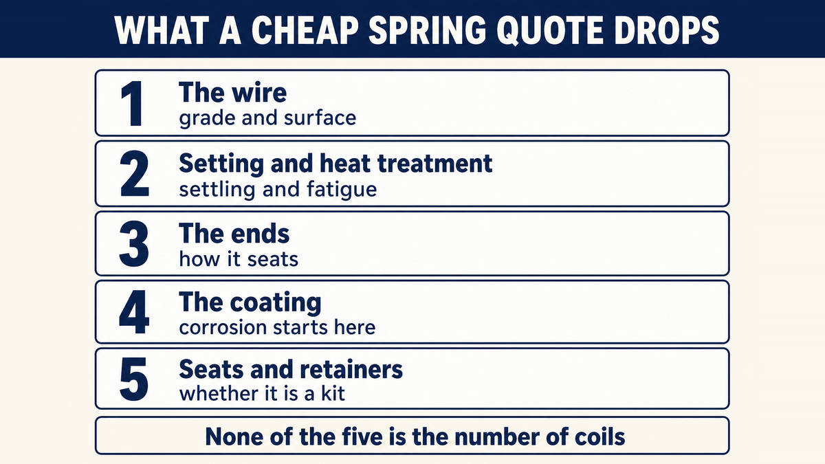 The five places a low coil spring quote comes from: the wire, the setting and heat treatment, the ends, the coating, and the seats, insulators and retainers