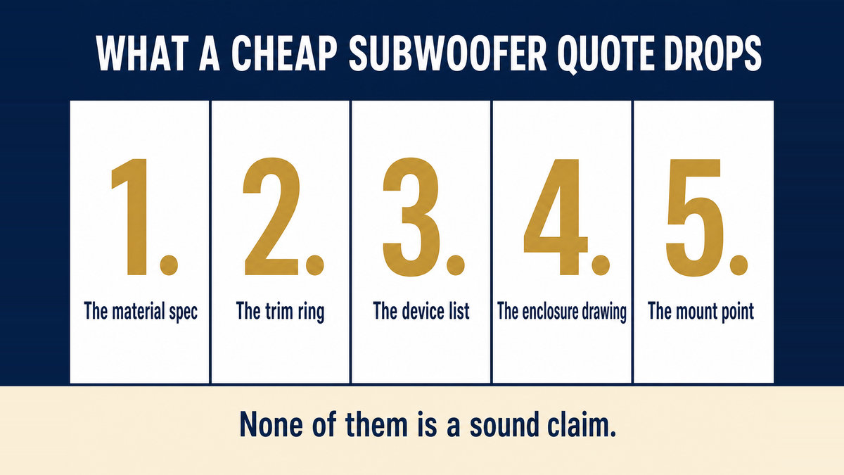 A five column infographic titled What a Cheap Subwoofer Quote Drops showing the material spec, the trim ring, the device list, the enclosure drawing and the mount point