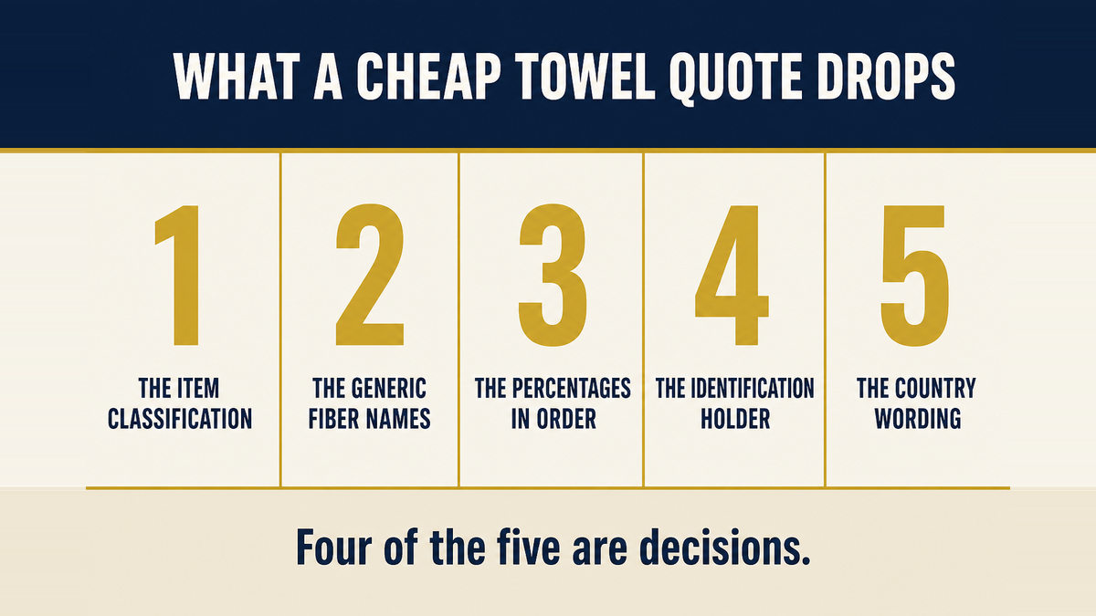 A five column infographic titled What a Cheap Towel Quote Drops showing the item classification, the generic fiber names, the percentages in order, the identification holder and the country wording