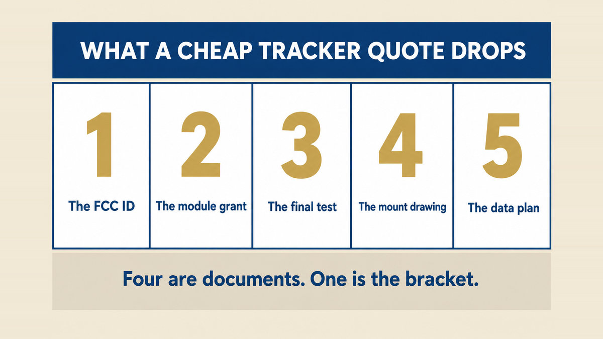 A five column infographic titled What a Cheap Tracker Quote Drops showing the FCC ID, the module grant, the final configuration test, the mount drawing and the data plan