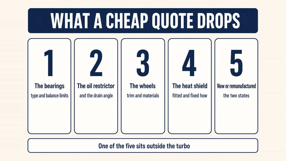 The five things a low turbocharger quotation leaves out: the bearing type, balance and runout limits, the oil restrictor and drain arrangement, the compressor and turbine wheel trim and materials, the heat shield and how it is fixed, and whether the unit is new or remanufactured