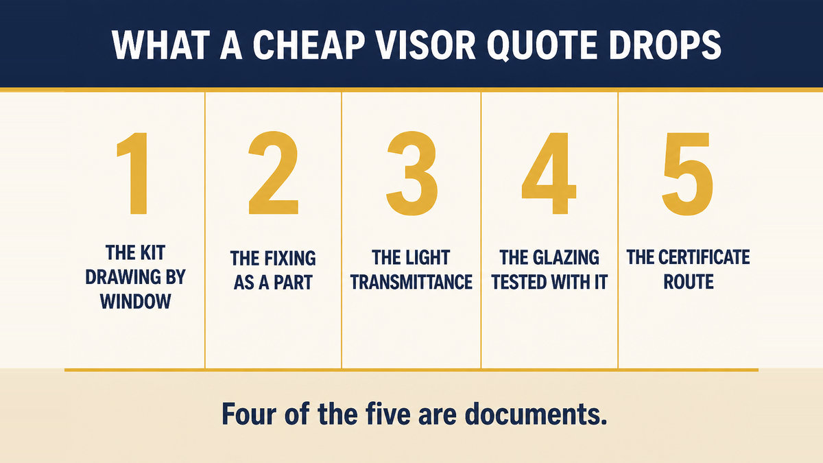 A five column infographic titled What a Cheap Visor Quote Drops showing the kit drawing by window, the fixing as a part, the light transmittance figure, the glazing and material assessed together, and the certificate route