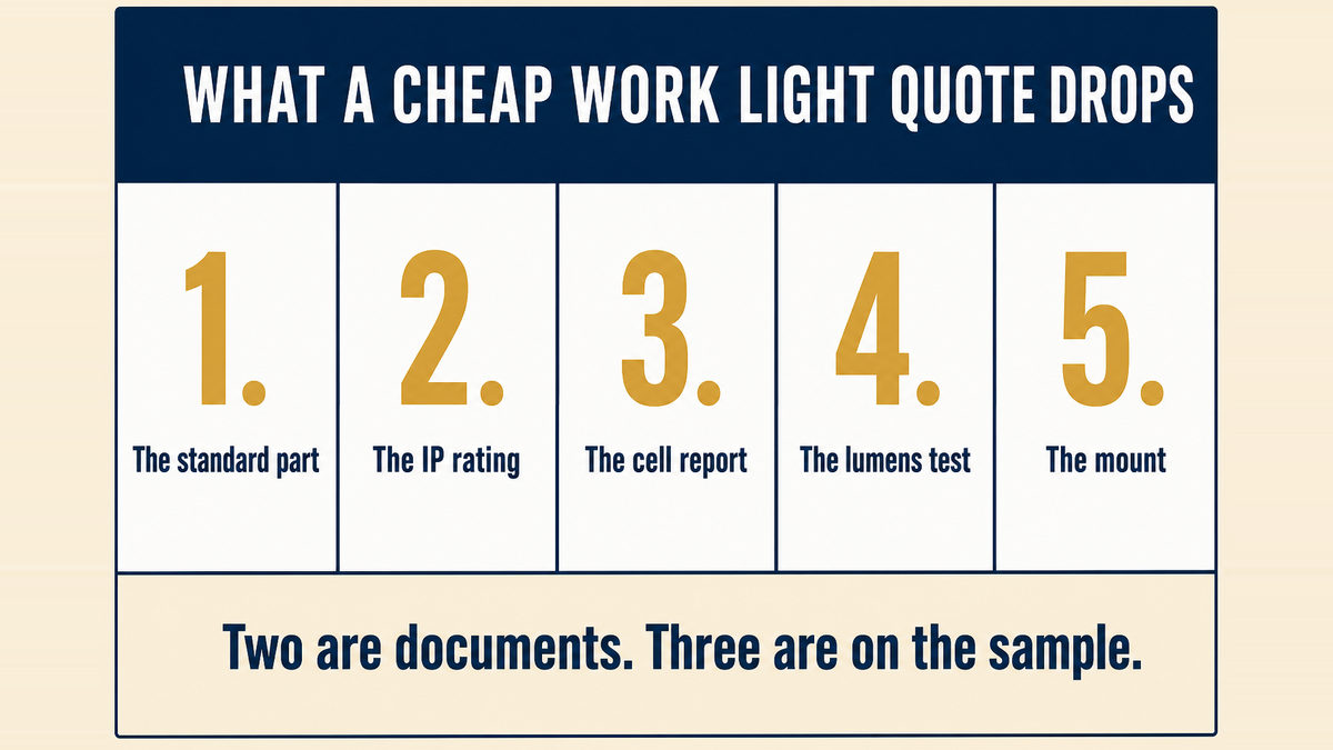 A five column infographic titled What a Cheap Work Light Quote Drops showing the standard, the IP rating, the cell report, the lumens test and the mount