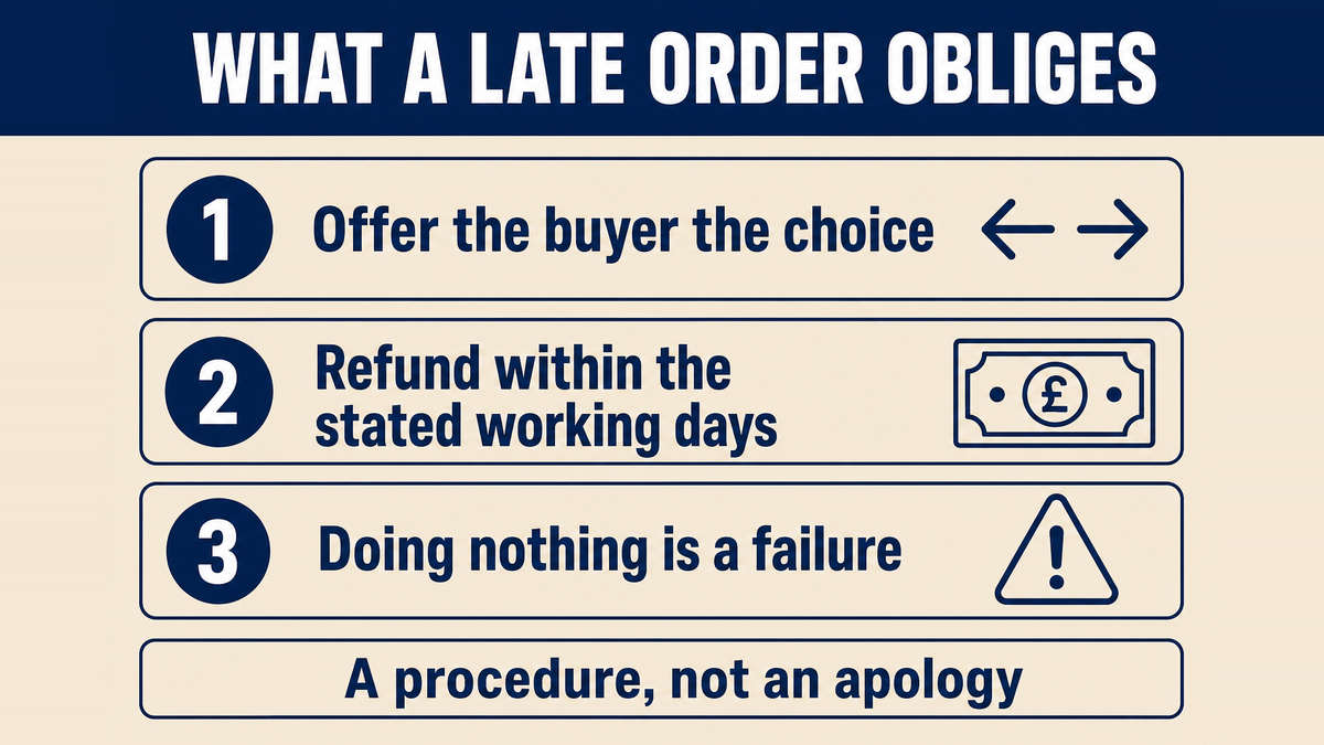 What a late order obliges a seller to do: offer the buyer the choice, send a refund within the stated working days of entitlement, and treat inaction as a failure in itself