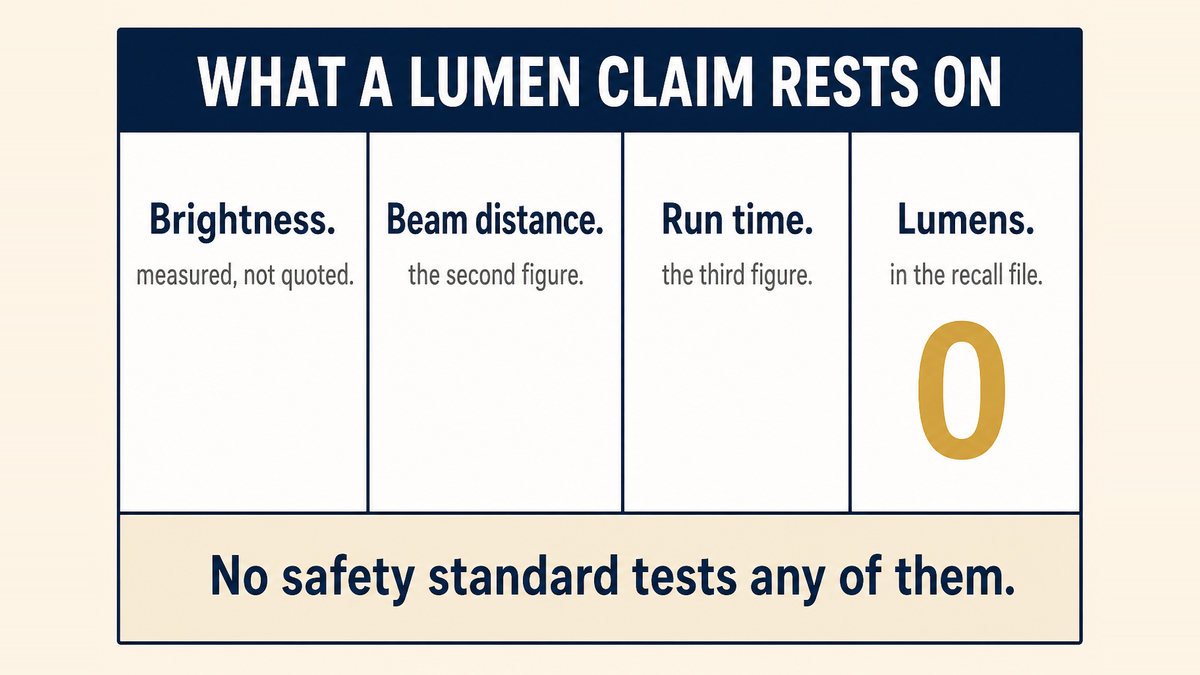 A four column infographic titled What a Lumen Claim Rests On showing brightness, beam distance, run time, and a footnote that the recall file contains the word lumens zero times