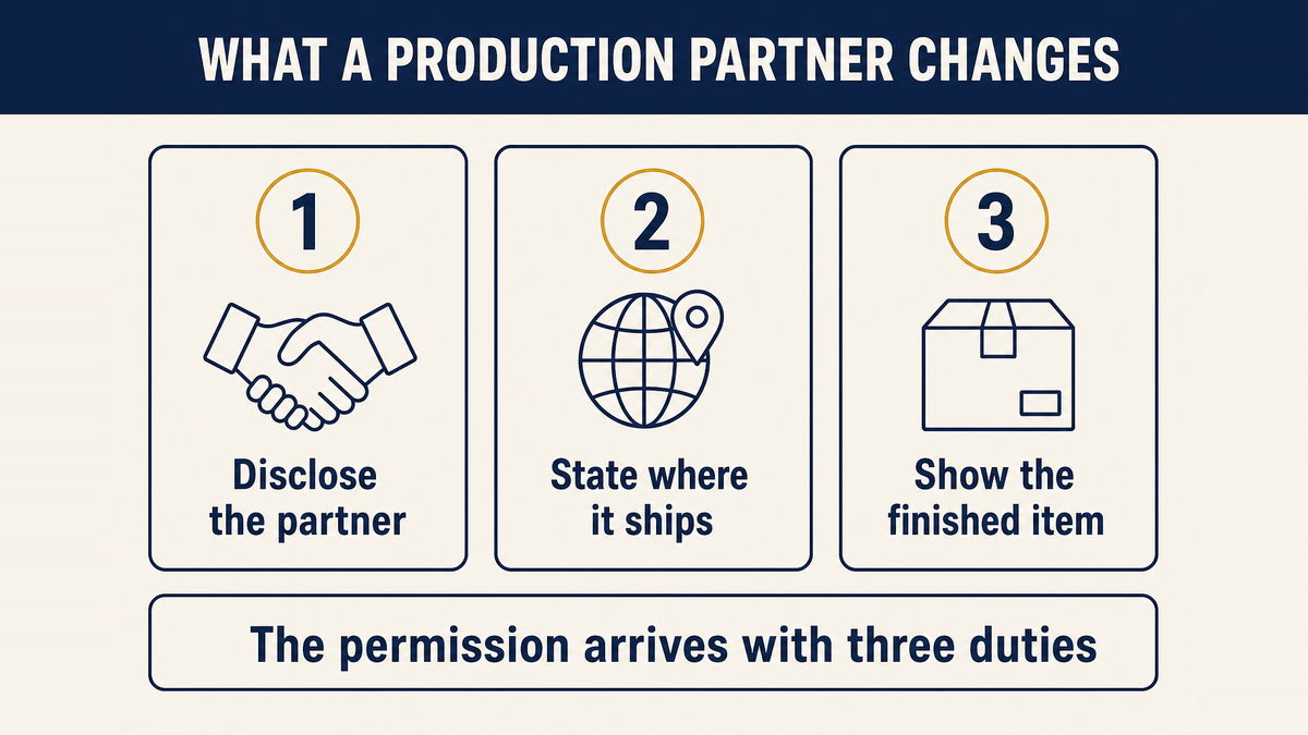 Three obligations that come with using a production partner: disclose the partner, state accurately where the item ships from, and show the finished personalised item in the first image