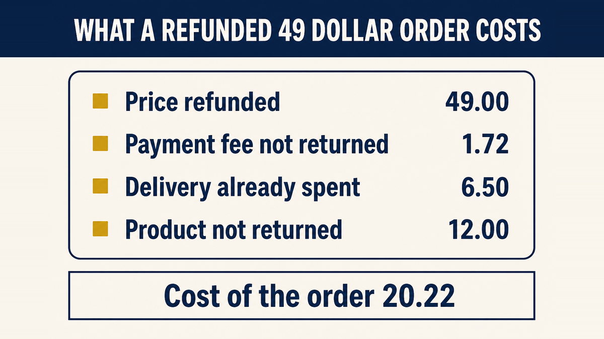 A refunded 49 dollar order costing 20.22 once the payment fee, outward freight and unrecovered product cost are counted