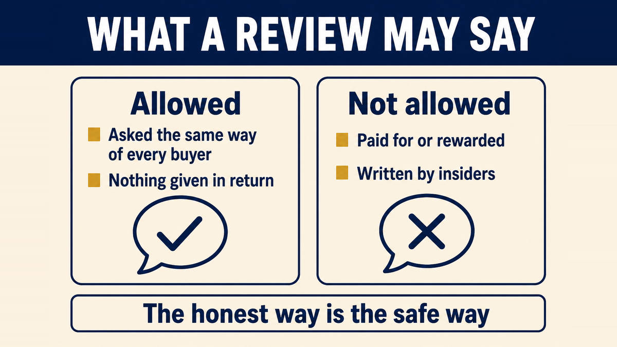 Two columns compared: reviews that are freely given and honestly published are allowed, while incentivised reviews, insider reviews and suppressed complaints are not