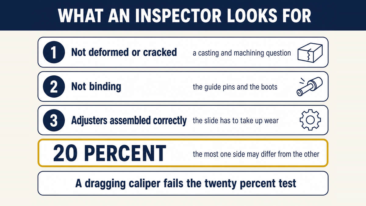 The three things a federal in-service inspection names for a caliper: not deformed or cracked, not binding, and automatic adjusters correctly assembled, with the twenty percent left-to-right brake force limit