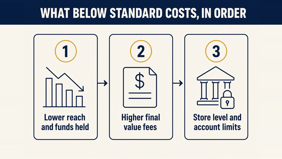 Three stages of consequences: immediate limits on reach and cash, higher fees the following month, and account restrictions over time