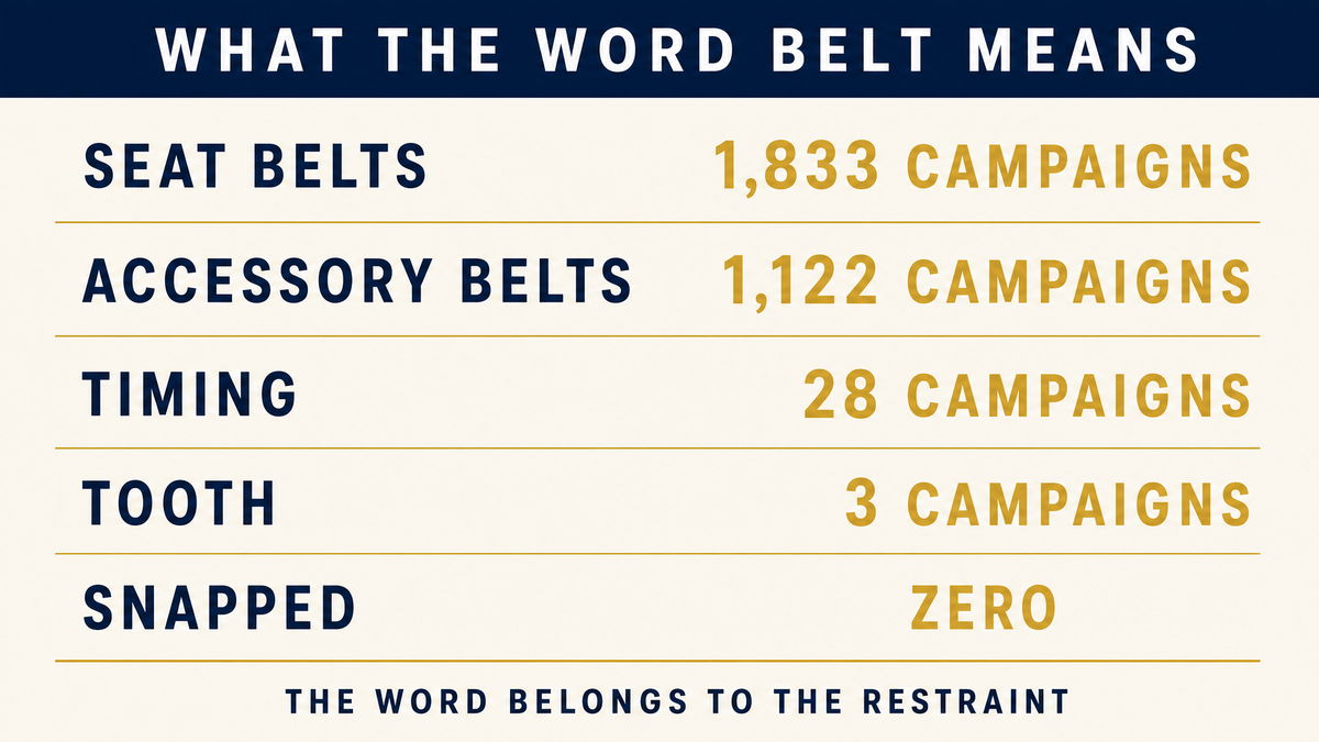 An infographic showing how the word belt is used in the recall file, seat belts at one thousand eight hundred thirty three campaigns, accessory belts at one thousand one hundred twenty two, timing at twenty eight campaigns, the word tooth at three campaigns and snapped at zero