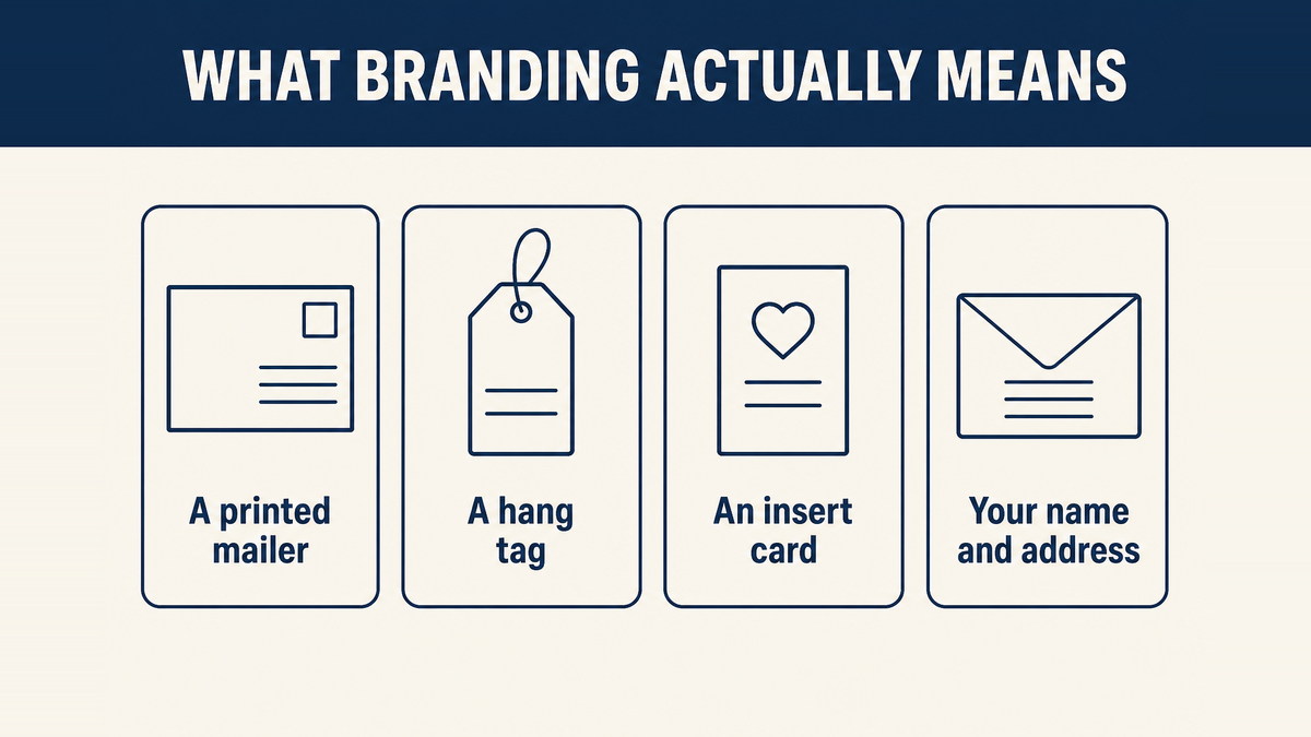 Four branded elements: a printed mailer, a hang tag, an insert card, and the name and address printed on the outside