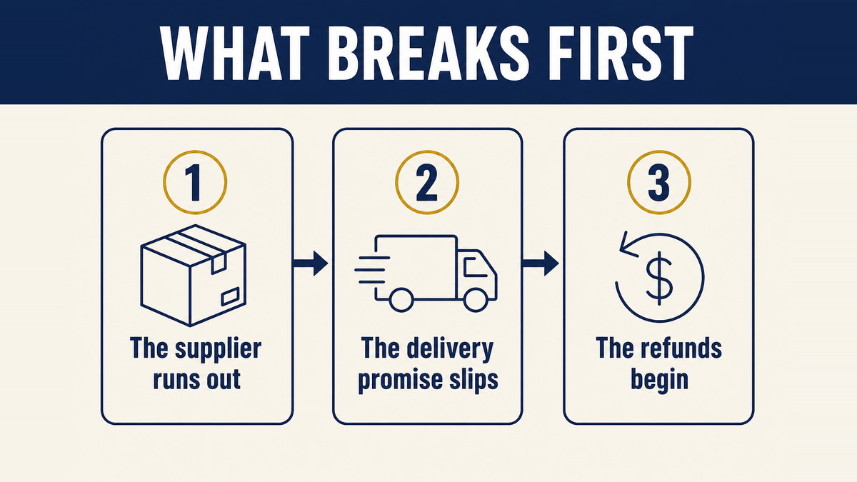 Three failures in order: the supplier runs out, the delivery promise slips, then the refund wave arrives