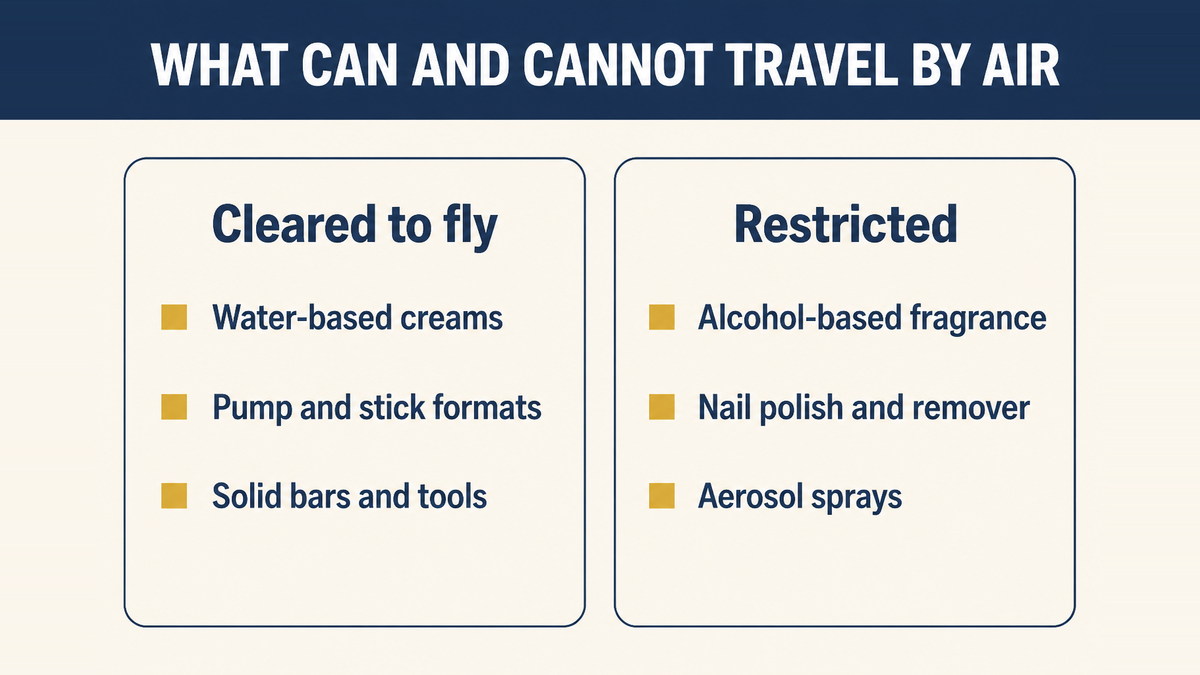 Beauty products divided into those that can travel by air and those restricted as flammable liquids, gases or aerosols
