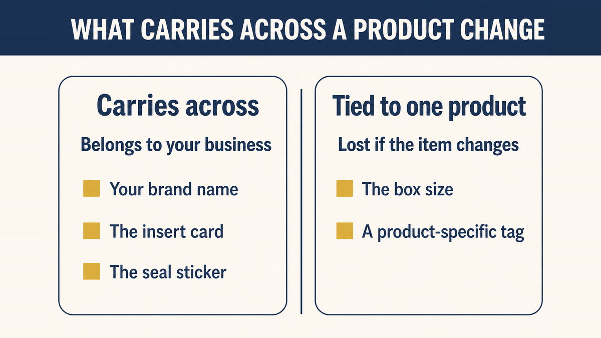 Two groups: the insert card, seal and brand name carry across products, while the box size and product-specific hang tag are tied to one item
