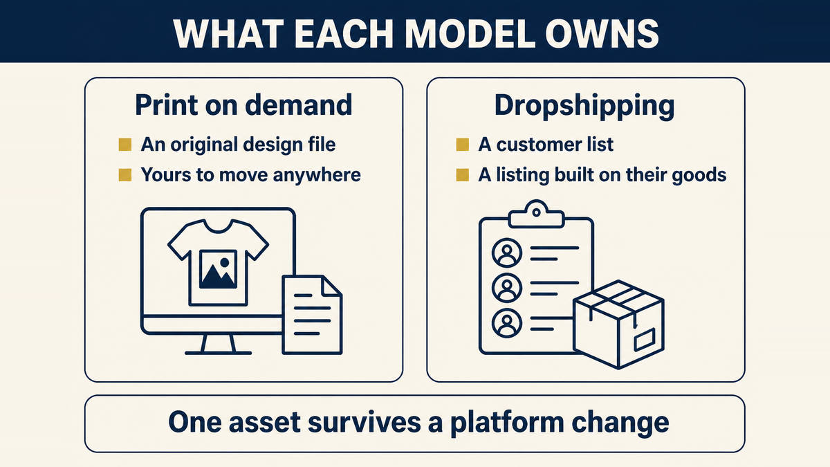 Two columns compared: print on demand relies on an original design file you created, while dropshipping relies on a customer relationship and a listing built around somebody else's product