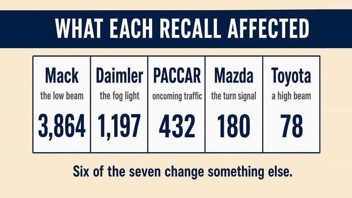 A five column infographic titled What Each Recall Affected showing Mack at 3,864 units where the low beam cut out, Daimler at 1,197 where the fog light did not light, PACCAR at 432 where oncoming traffic was affected, Mazda at 180 where the turn signal was affected, and Toyota at 78 where a high beam was affected