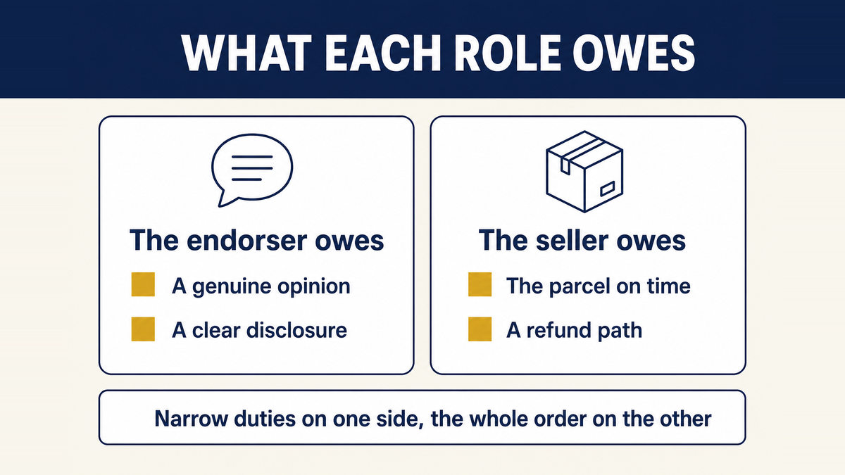 What each role owes set out as two lists: the endorser owing a genuine recommendation and a clear disclosure, and the seller owing the parcel and the refund path