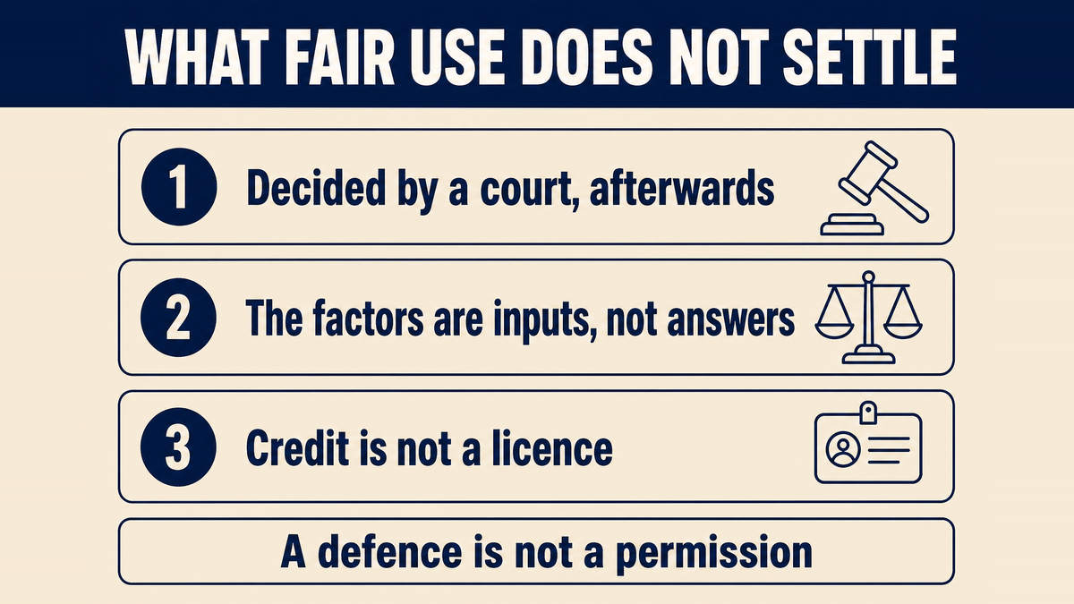 What fair use does not settle: it is decided by a court after the fact, the factors are inputs rather than answers, and credit is not a licence