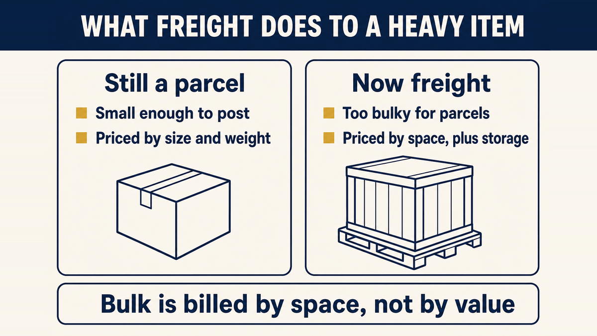 A small parcel priced by its dimensions beside a bulky shipment that has left the parcel network and is priced as freight with its own charges