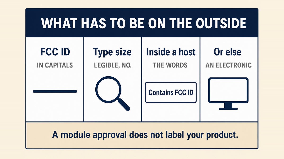A four column infographic titled What Has to Be on the Outside showing the letters FCC ID in capitals on a single line, a type size legible without magnification, the wording Contains FCC ID for a module installed inside a host, and the alternative of an electronic display