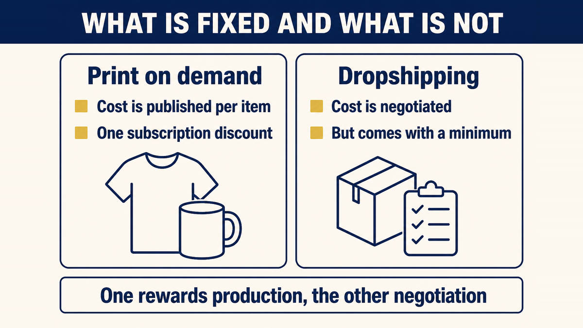 Two columns compared: in print on demand the production cost is published and identical for everyone, while in dropshipping the unit cost is negotiated but comes with minimum quantities and lead times