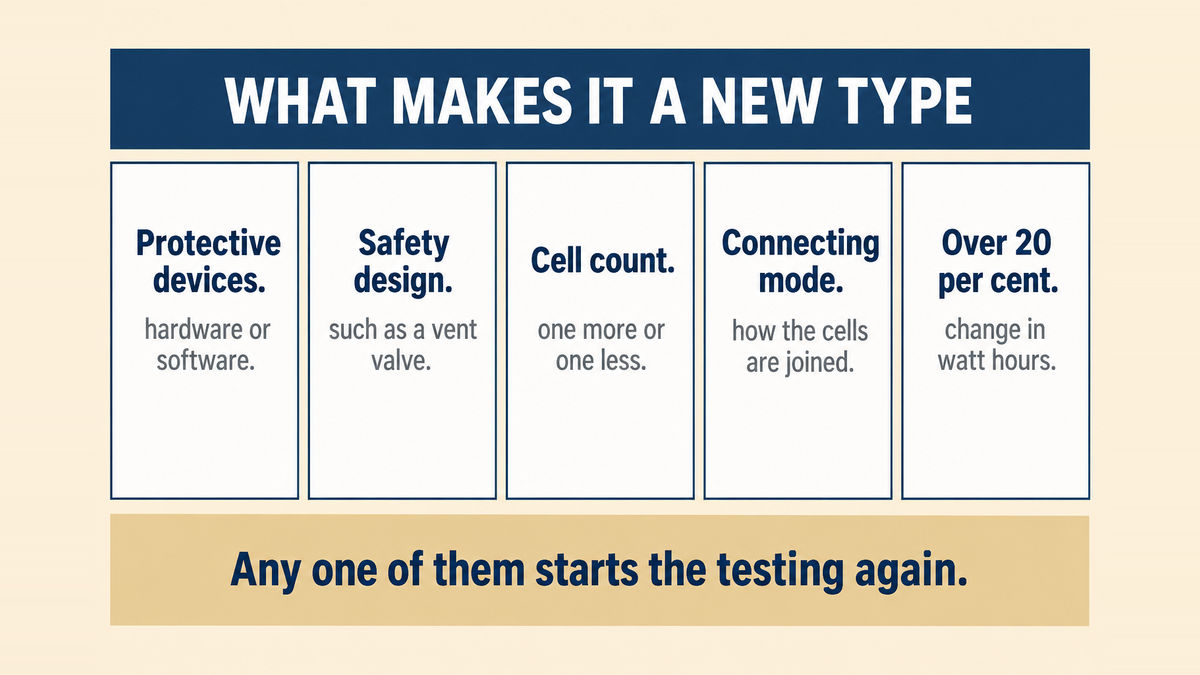 A five column infographic titled What Makes It a New Type showing a change of protective devices including hardware and software, a change of safety design such as a venting valve, a change in the number of component cells, a change in the connecting mode of component cells, and a change of more than 20 per cent in watt hours